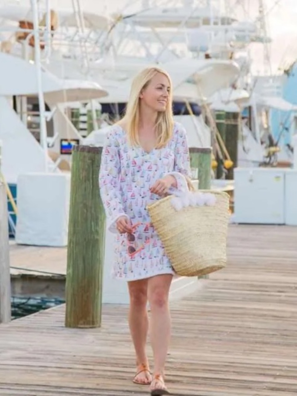 Persifor White Cotton Sailboat Print V-Neck Dress Fringe Trim
